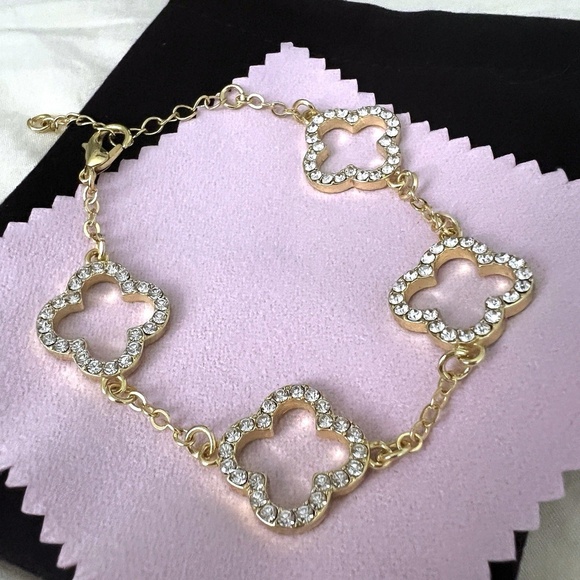 14K Gold Plated cubic zirconia clover Bracelet Stainless Steel Womens Jewelry - Picture 1 of 8
